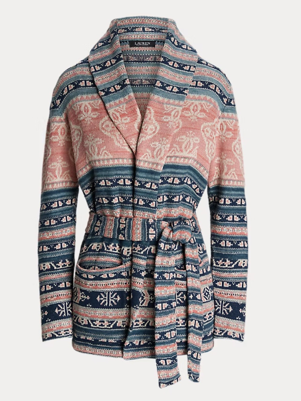 Lauren Ralph Lauren Geo-Motif Belted Linen-Cotton Cardigan Knit Cozy Large - Picture 8 of 8